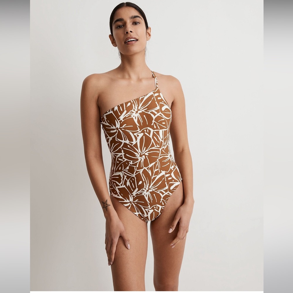 Madewell Double-Strap One-Shoulder One-Piece Swimswit in Abstract Flora